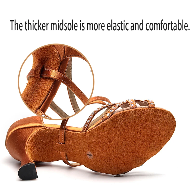 Woman Black Crystal Latin Dance Shoes Gilrs Suede Leather Performace Shoes Women Strappy Ballroom Dancing Shoes 7.5cm Flare Heel