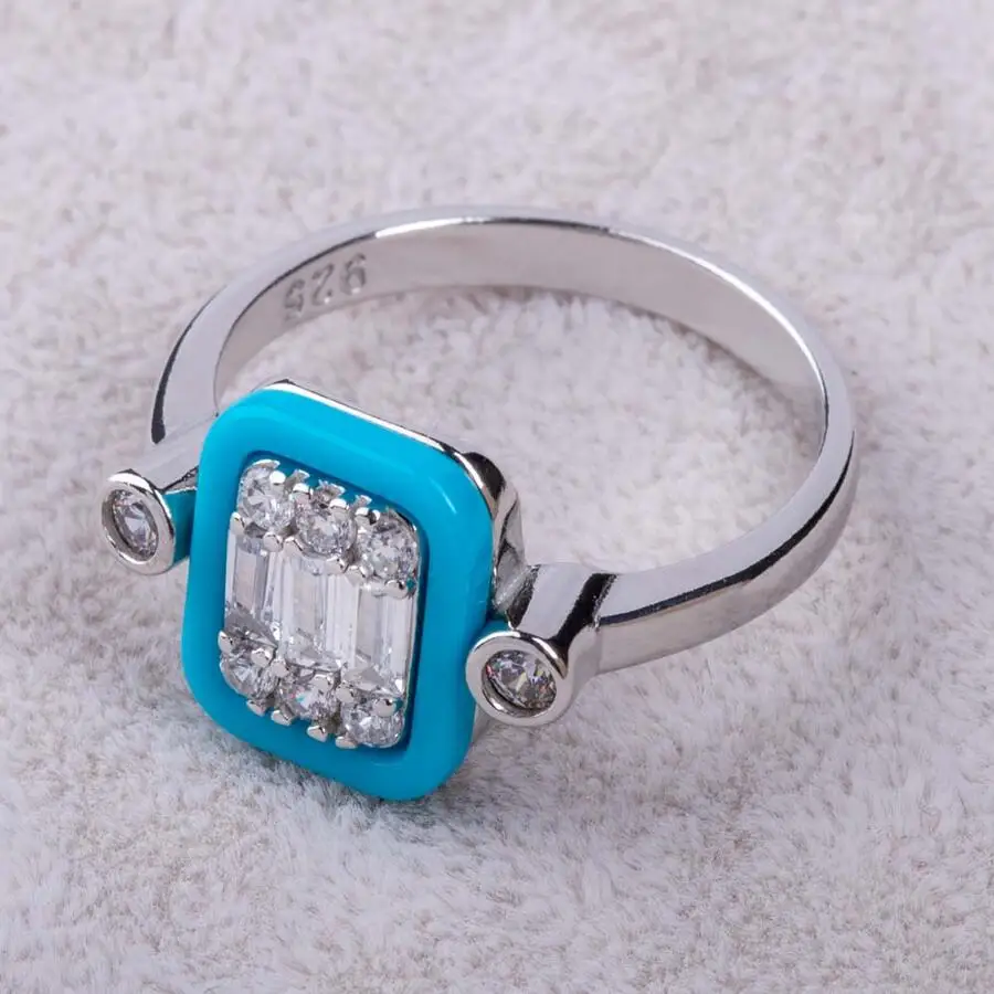 

925 Sterling Silver Square Ladies Ring With Silver Color Turquoise Stone Fashion Turkish Premium Quality Handmade Jawelery
