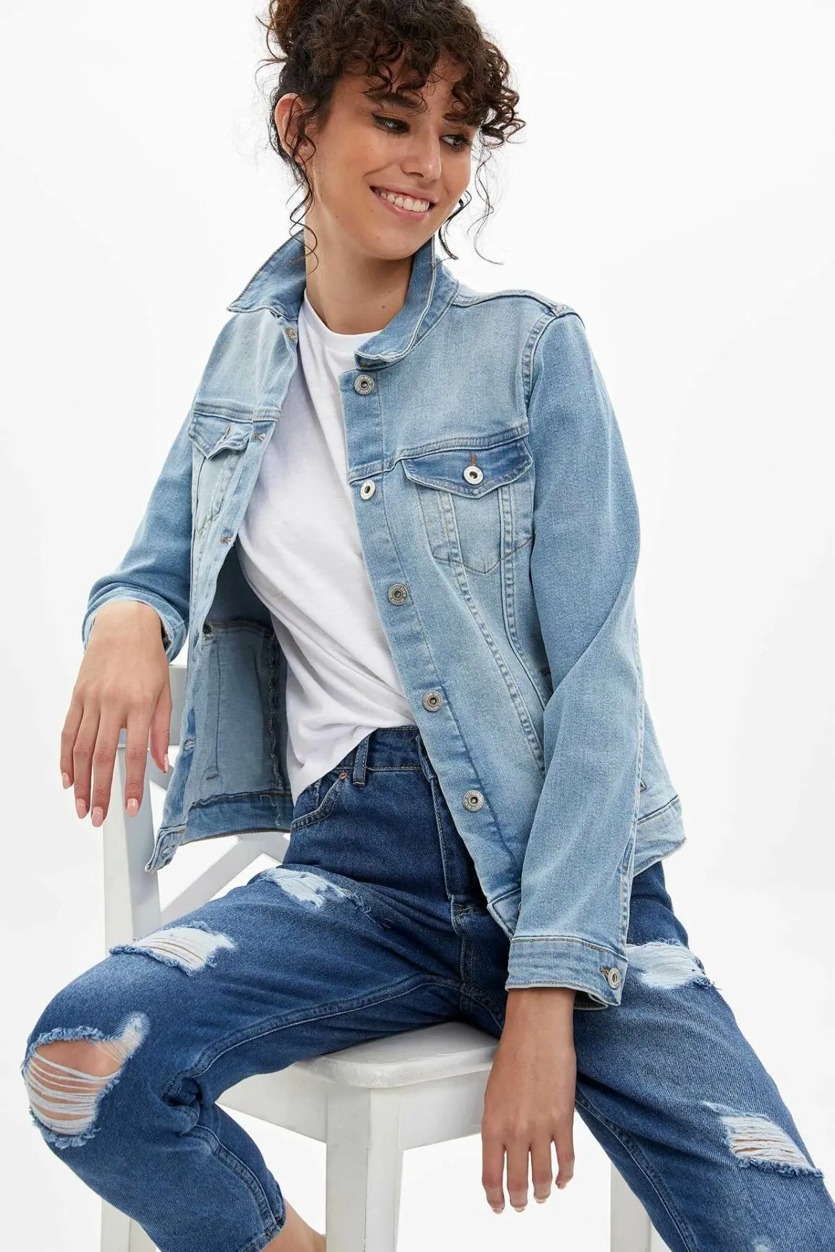 DeFacto модное женское джинсовое короткое пальто с карманом воротник лацканами