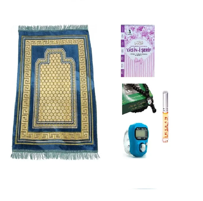 Подарочный набор 5 шт. 1x молитвенный коврик синий четки + компас шериф Yasin i 1xEsans