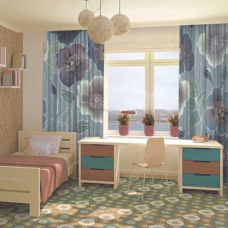 Занавеска Весна Цветущий сад Маки Цветы Листья классические декоративные