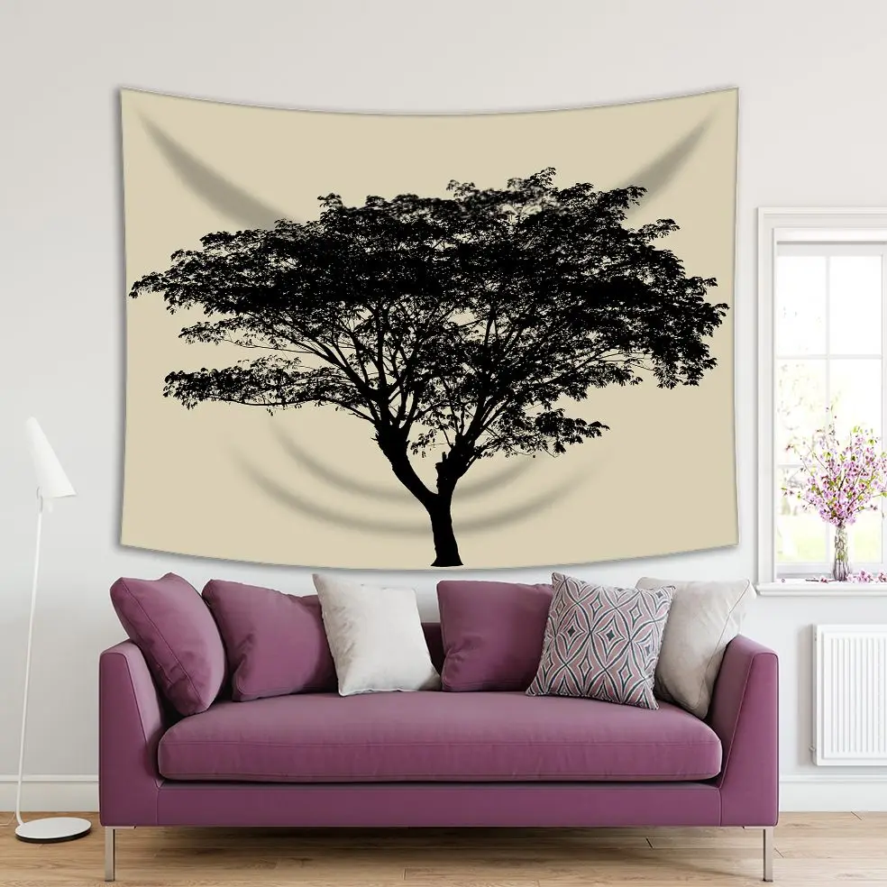 

Tapestry Tree Silhouette Samanea Saman Foliage Branches Summer Countryside Nature Black and Beige Photo Printed
