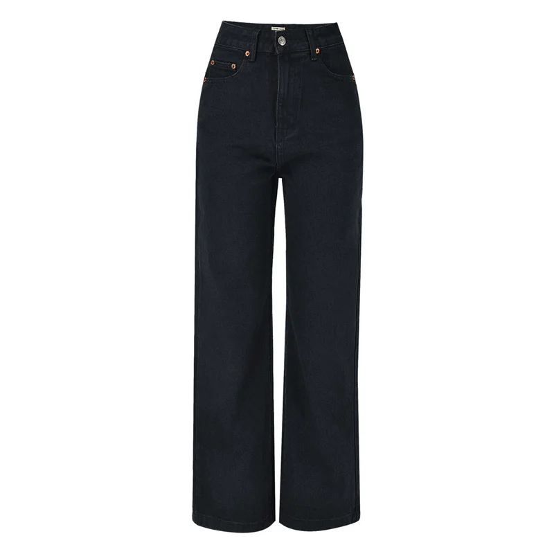 

High waist 100%COTTON loose straight dad jeans cool black denim trousers drape retro washed office lady Casual jeans female J010