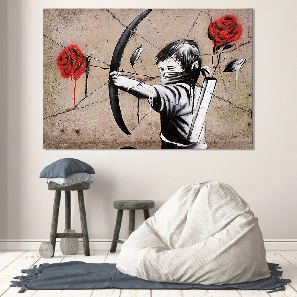 

Boy Archery Canvas Painting Graffiti Street Art Rose Poster HD Print Wall Art Pictures Living Room Corridor Decoration Cuadros