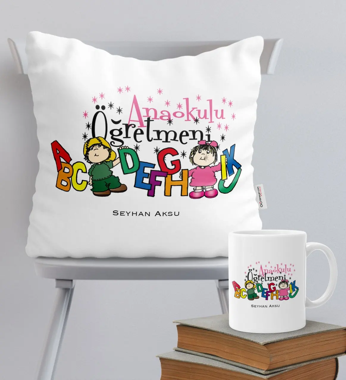 

Personalized Nursery School Teacher Themed Pillow Mug Set-4