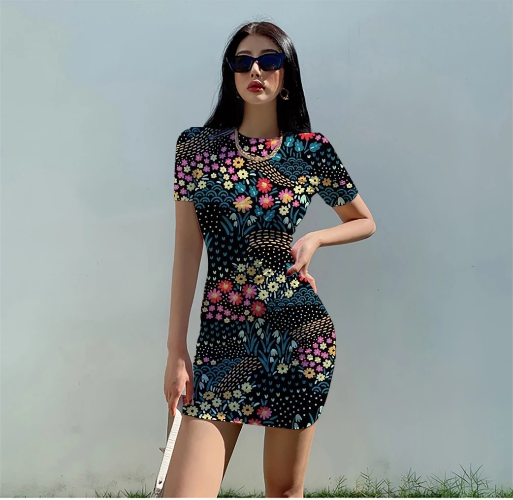 

Summer women's 3D printed polyester fiber large size short-sleeved black-bottomed flowery dress coquettish, comfortable and soft
