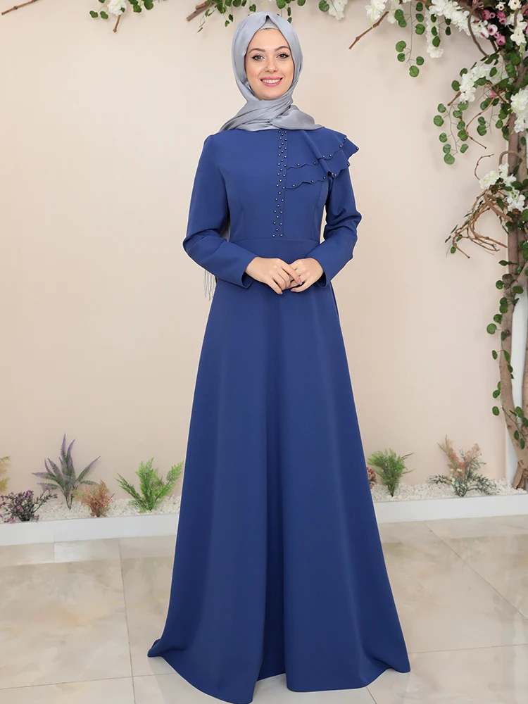 

Women Hijab Dress Shoulder Detailed Pearls Islamic Muslim Clothing Made in Turkey New Season Crepe Fabric Hidden Zipper