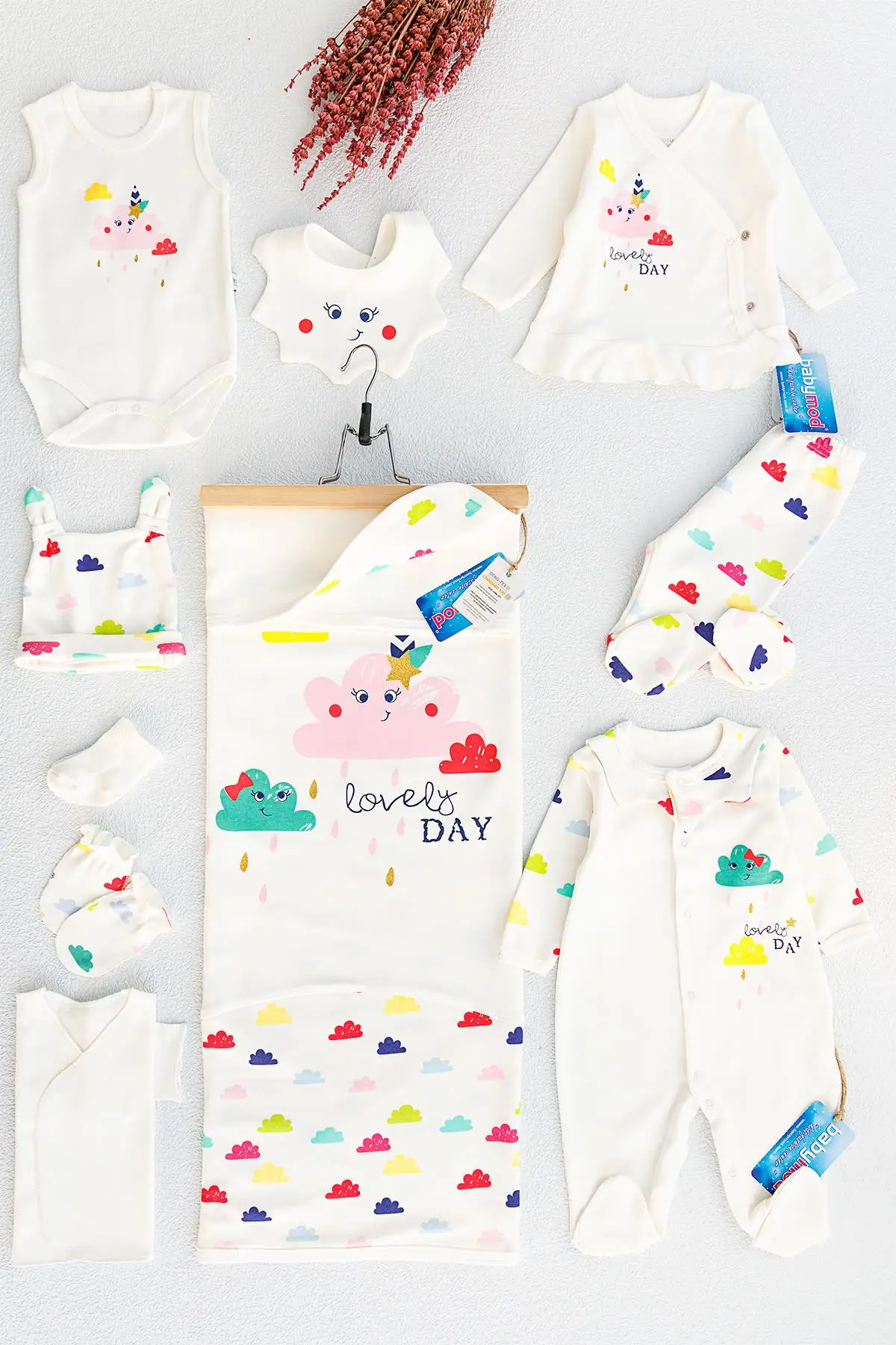 

ORGANIC 100 Turkish Cotton-Newborn Cloth 10 pcs Set-Baby Hospital Exit-Girl Cloud White