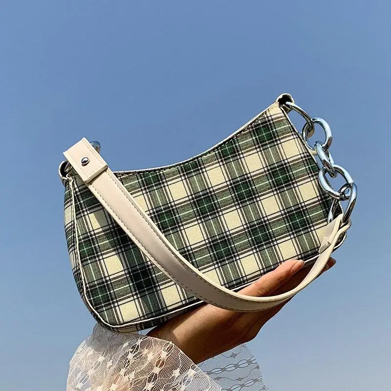 

Baguette Shape Women Handbag Female Plaid Striped Shoulder Bag Fashion Splice Designer Luxury Underarm Bag Clutch Phone Bags