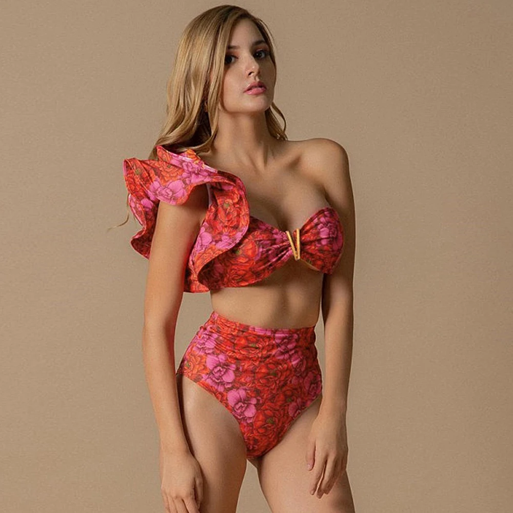 

2022 New High Waist Bikini Set One Shoulder Swimsuit Print Floral Brazilian Swimming Suit Bathing Suit Summer Beach Wear