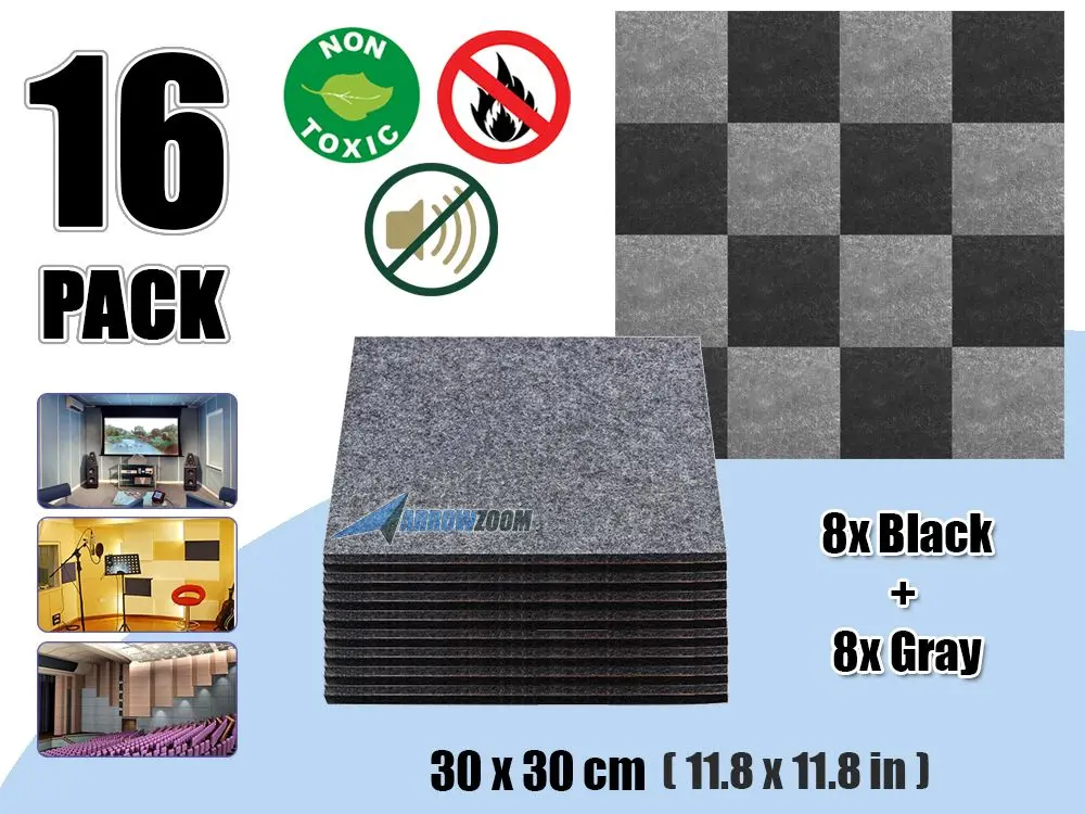 16 pcs Black - Gray Arrowzoom звукопоглощающие акустические полиэфирные тканевые студийные стеновые панели 11," x 11,8" Набор комбинированных цветов AZ1093 - Color: 16 pcs Black - Gray