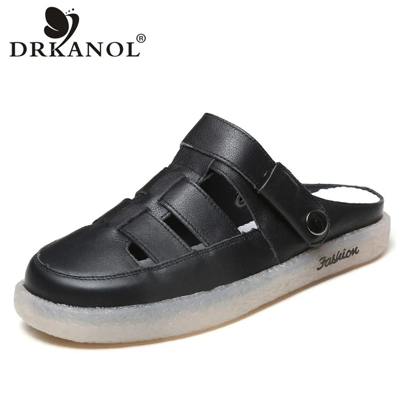 

DRKANOL Fashion Genuine Cow Leather Women Sandals Summer Round Toe Slip On Casual Slippers Hollow Soft Bottom Flat Sandals