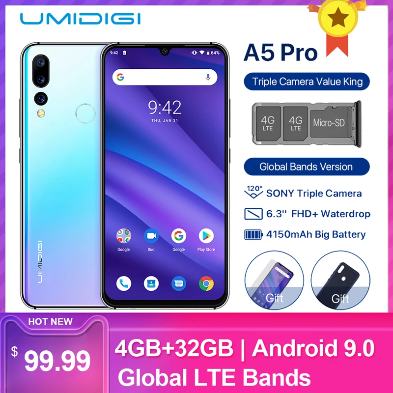 UMIDIGI A5 Pro Android 9,0 восьмиядерный 6," мобильный телефон 16MP тройная камера 4150 mAh 4+ 32 GB Global LTE 4G смартфон с отпечатком пальца смартфон
