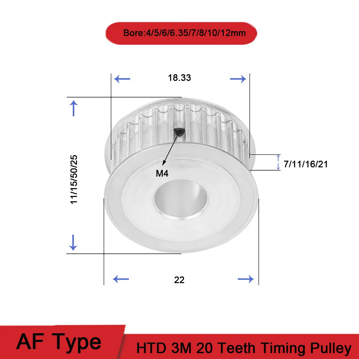 HTD 3M 20T Timing Pulley Bore 4mm~12mm Gear Pulley 3mm Pitch Teeth Width 7/11/16mm Aluminum Synchronous Timing Belt Pulley