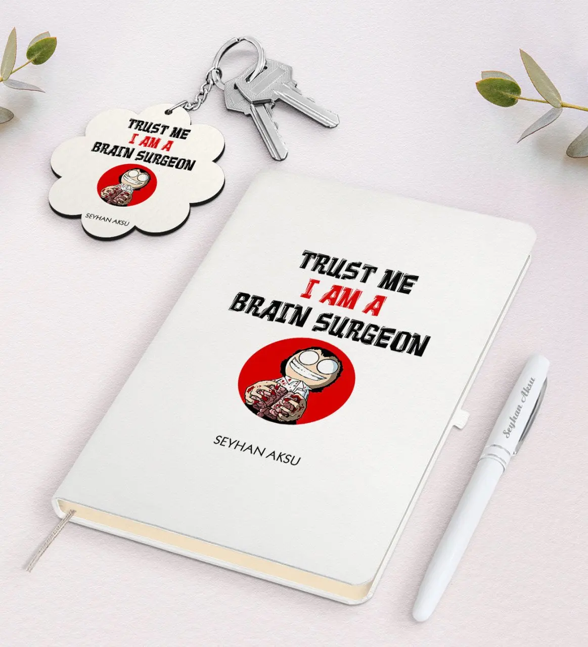 

Personalized Neurosurgeon White Notebook Pen And Keychain Gift Seti-2