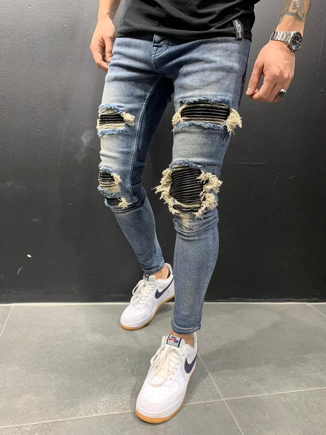 

Blue Patched Denim Streetwear Distressed Jeans