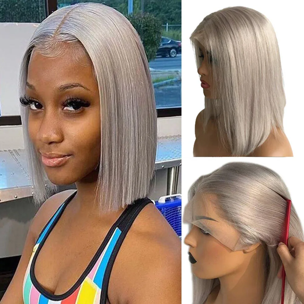 

180% Density Grey 13x1x4 T Part Bob Wig Straight Colored Glueless Pre Plucked Lace Front Human Hair Short Bob Wig With Baby Hair