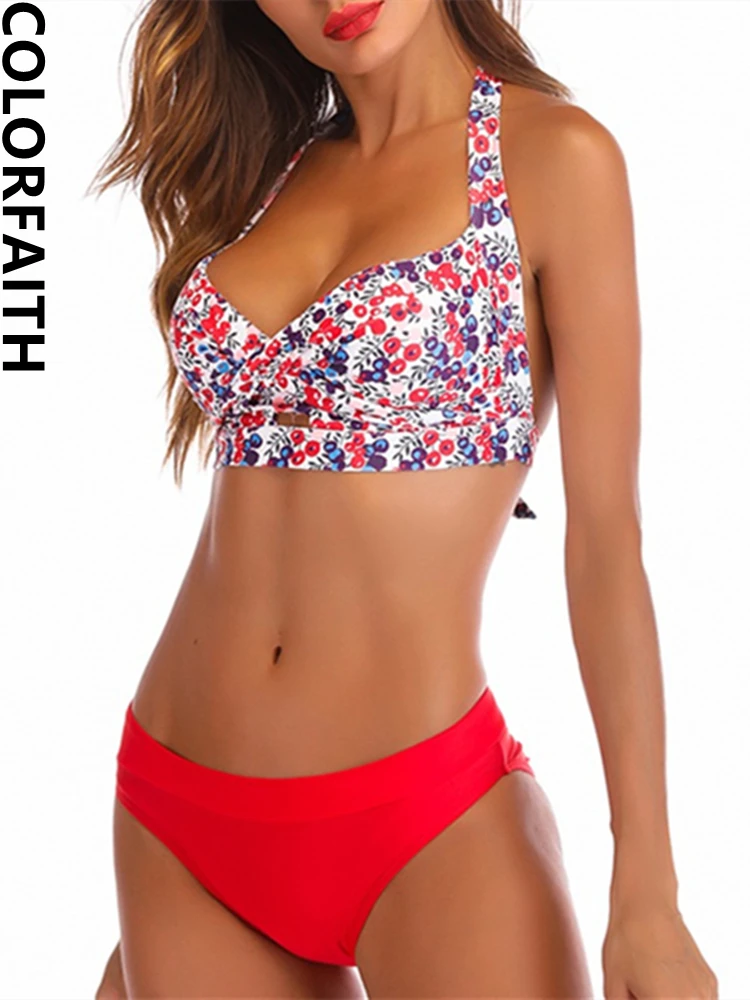 

Colorfaith New 2022 Sexy Bikini Beachwear Bra Padding Push Up Halter Print Summer Suits Women's Two Pieces Swimsuits SM9017AB