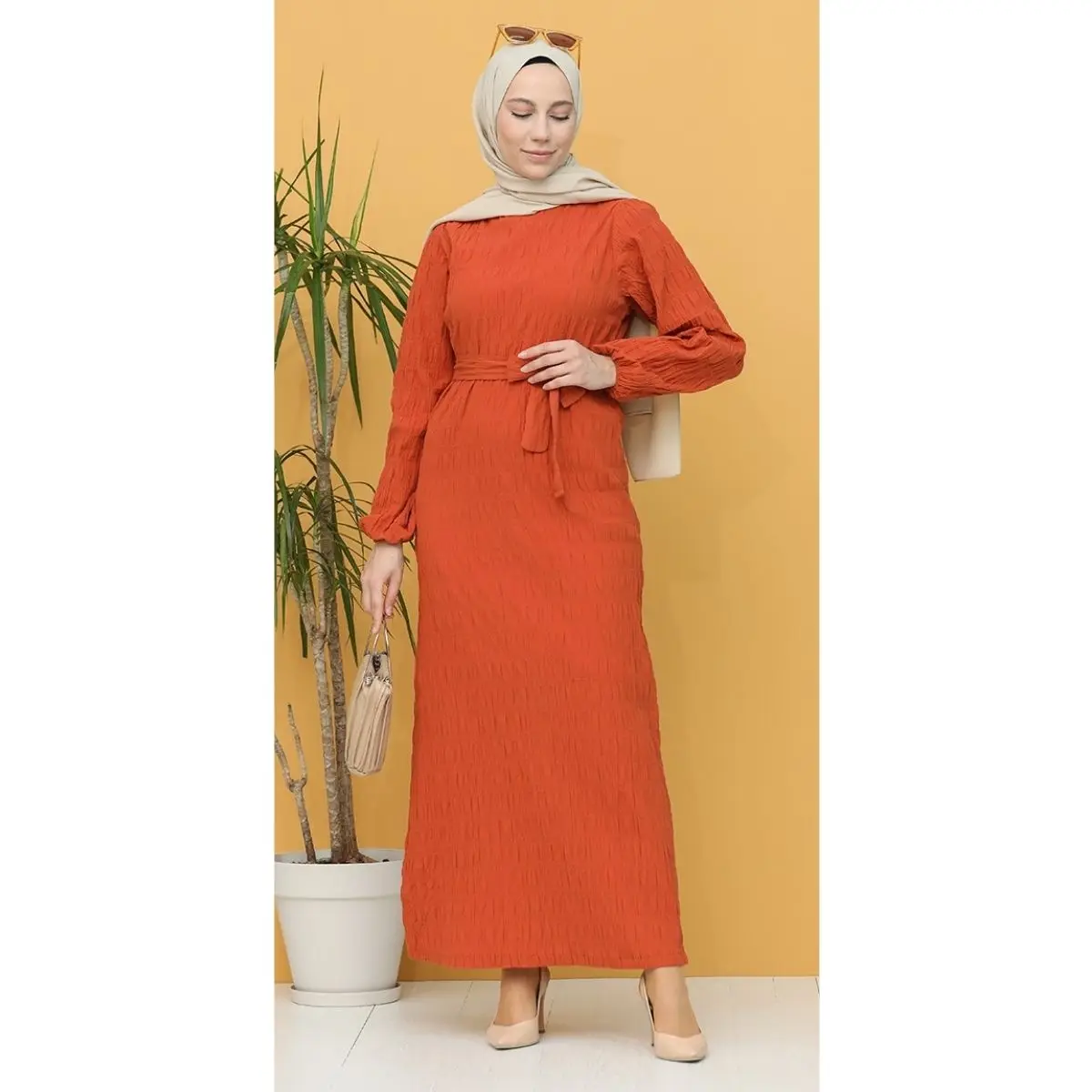 Vestido com Cinto Casual à Moda Longa sem Forro Muçulmano Moda Hijab Roupas Femininas Tecido Viscose Gola Zero Manga Sweatproof