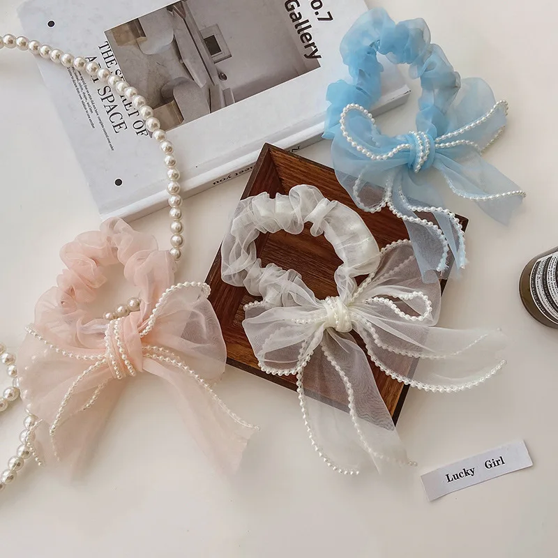 

Women Organza Pearl Bow Scrunchies Net yarn Girls Hair Rope Accessories Ponytail Holders Elastic Rubber Bands Headband Headdress