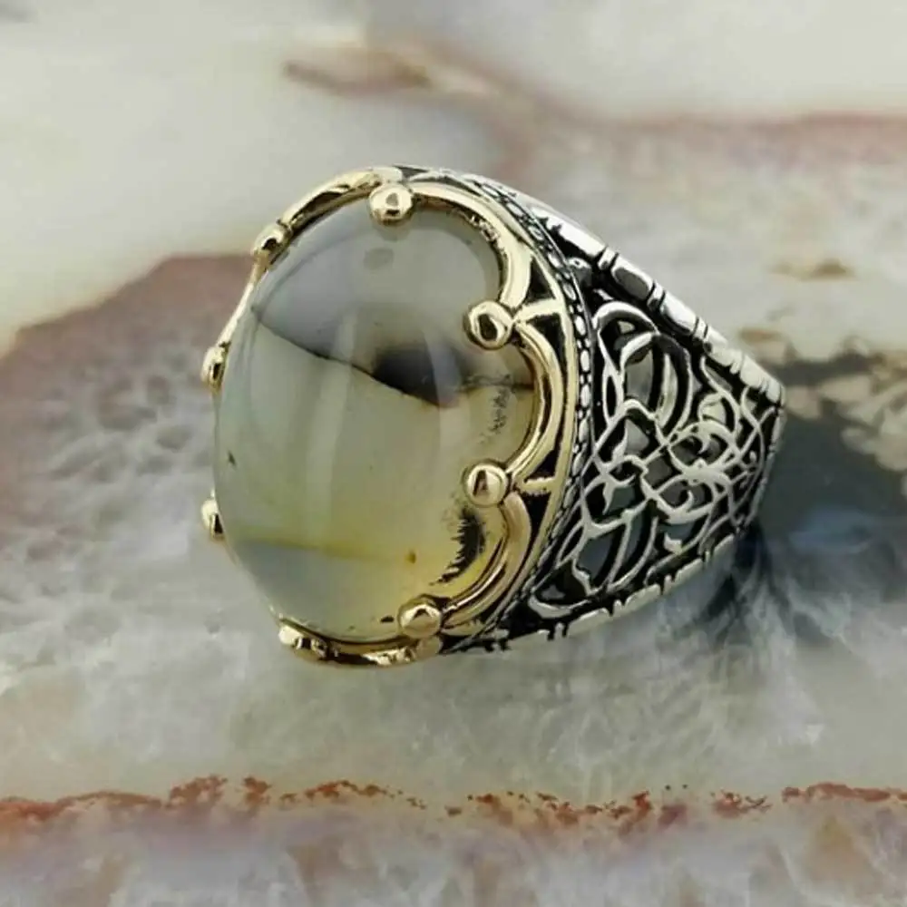 925 пробы Серебряное кольцо для мужчин с агатовым камнем|Кольца| |
