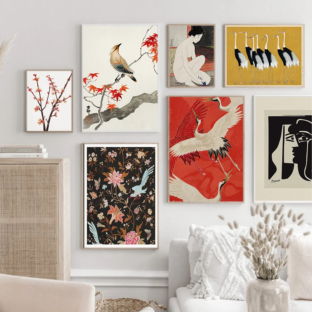 

Japanese Poster Red Crane Bird Canvas Natural Flower Painting Picasso Line Art Print Aesthetics Gallery Wall Picture Room Decor