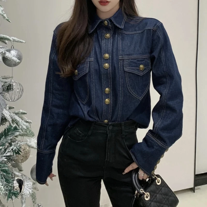 Женская Осенняя Повседневная джинсовая куртка с длинным рукавом однобортная