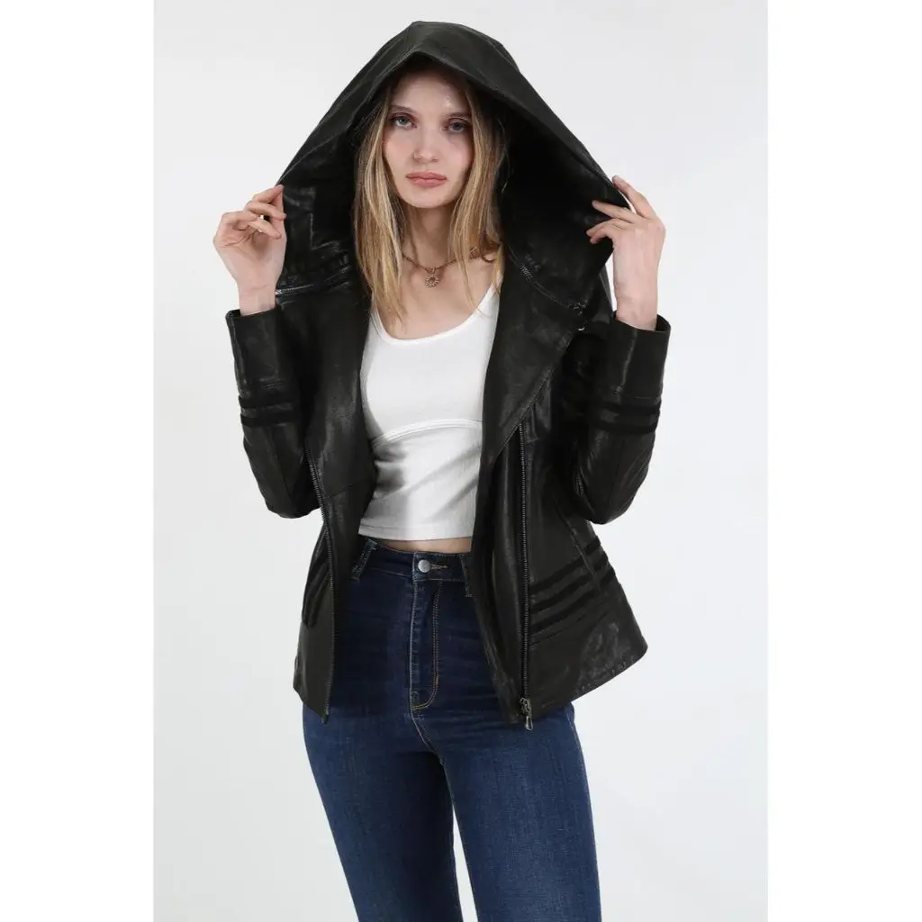 Женская кожаная куртка из натуральной кожи, кожаное пальто, женская куртка, кожаная куртка с капюшоном, Женская Черная Куртка