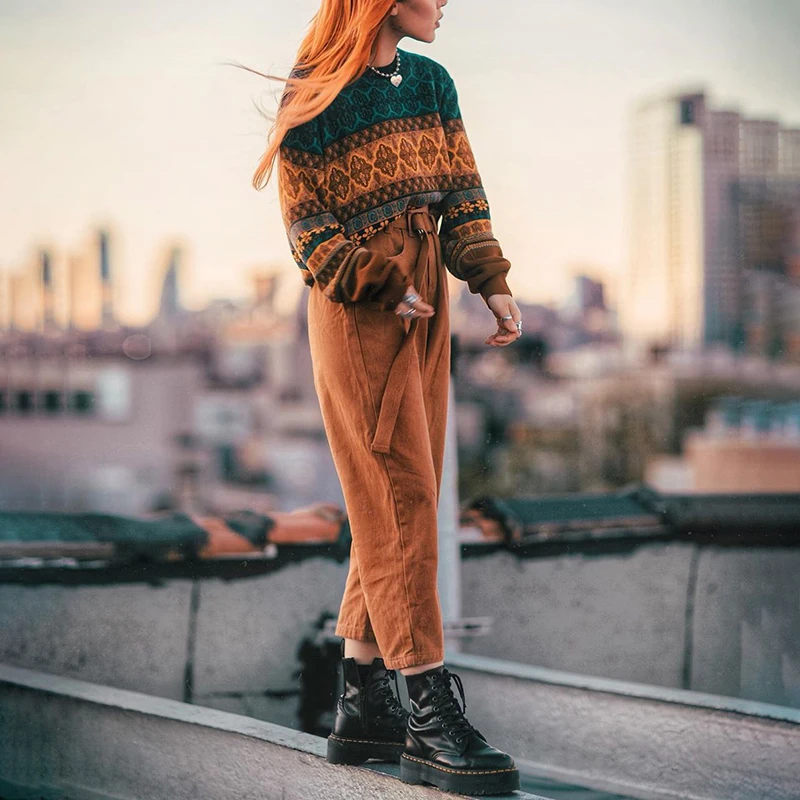 woman short sweater retro chic splicing color winter young girls warm clothing knitted flower pattern pullover for women free global shipping