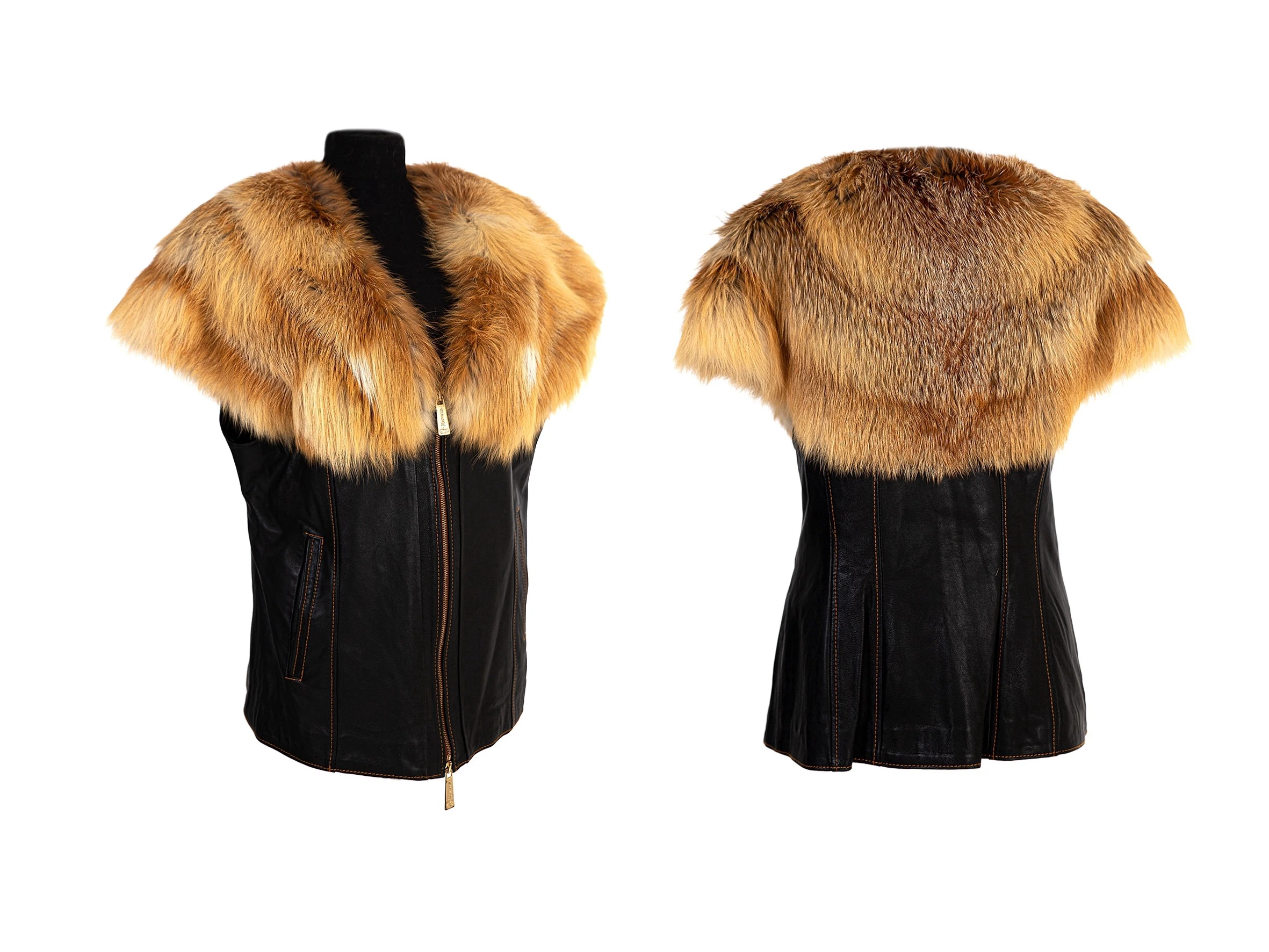 Жилет из меха лисы с отделкой натуральной кожи | Женская одежда