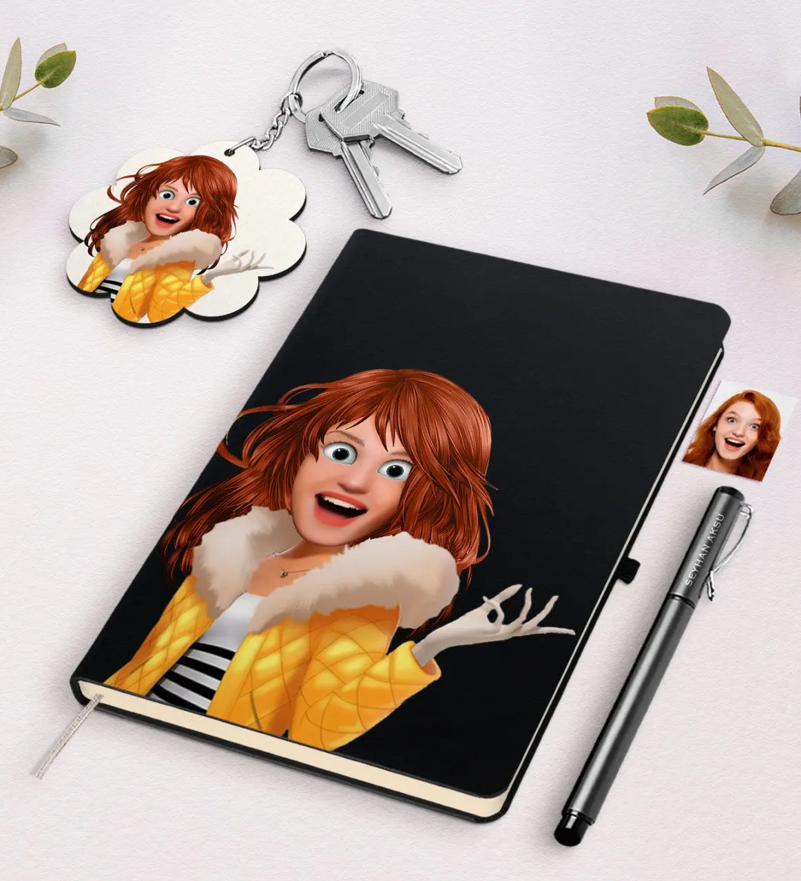 

Personalized Women 'S Animation Caricature Of Black Notebook Pen And Keychain Gift Seti-7