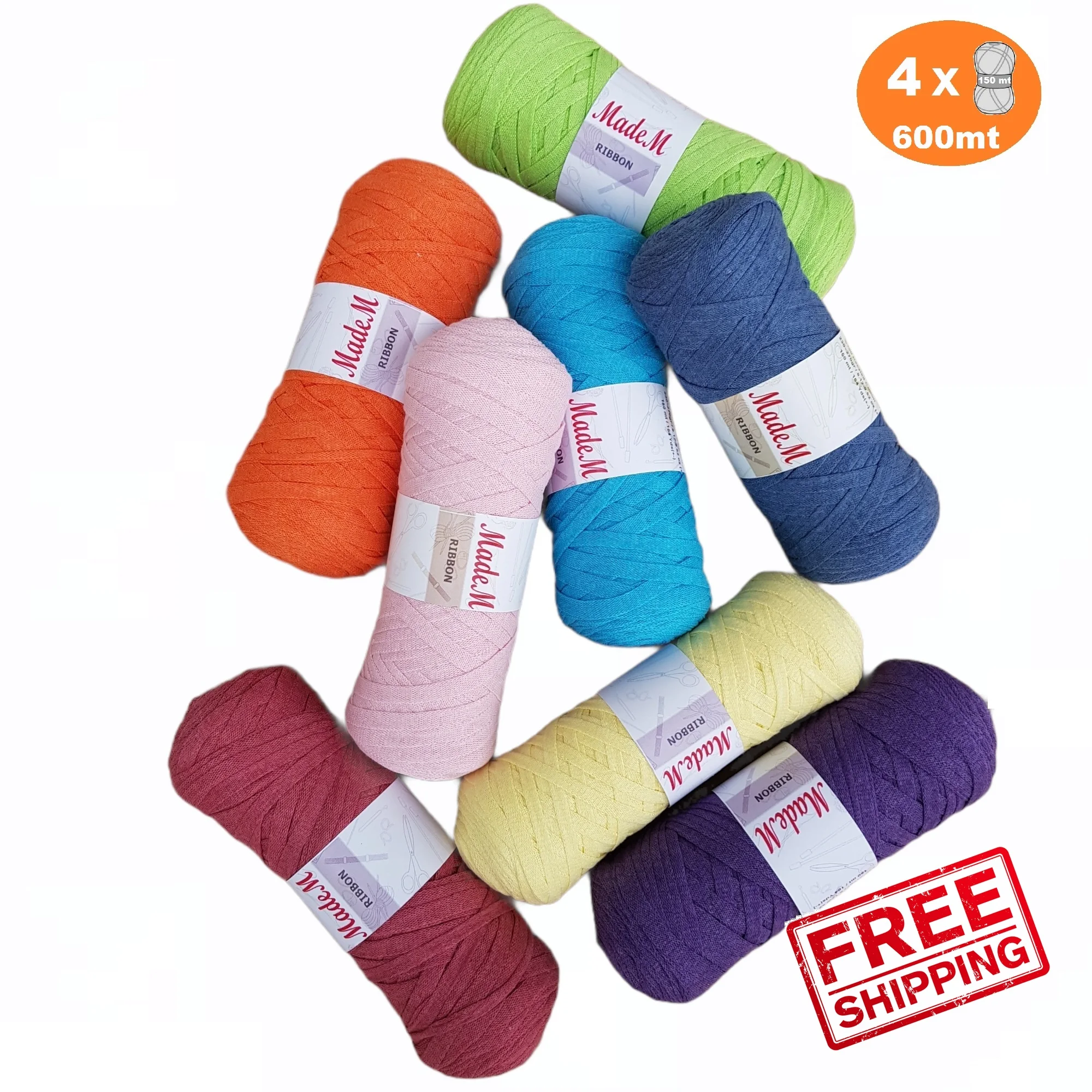 MadeM Ribbon 4x150mt T-Shirt Tape String Thread Cord Rope %100 Cotton Hand Knitting Crochet Home Accessories Rug Pouffe Booties