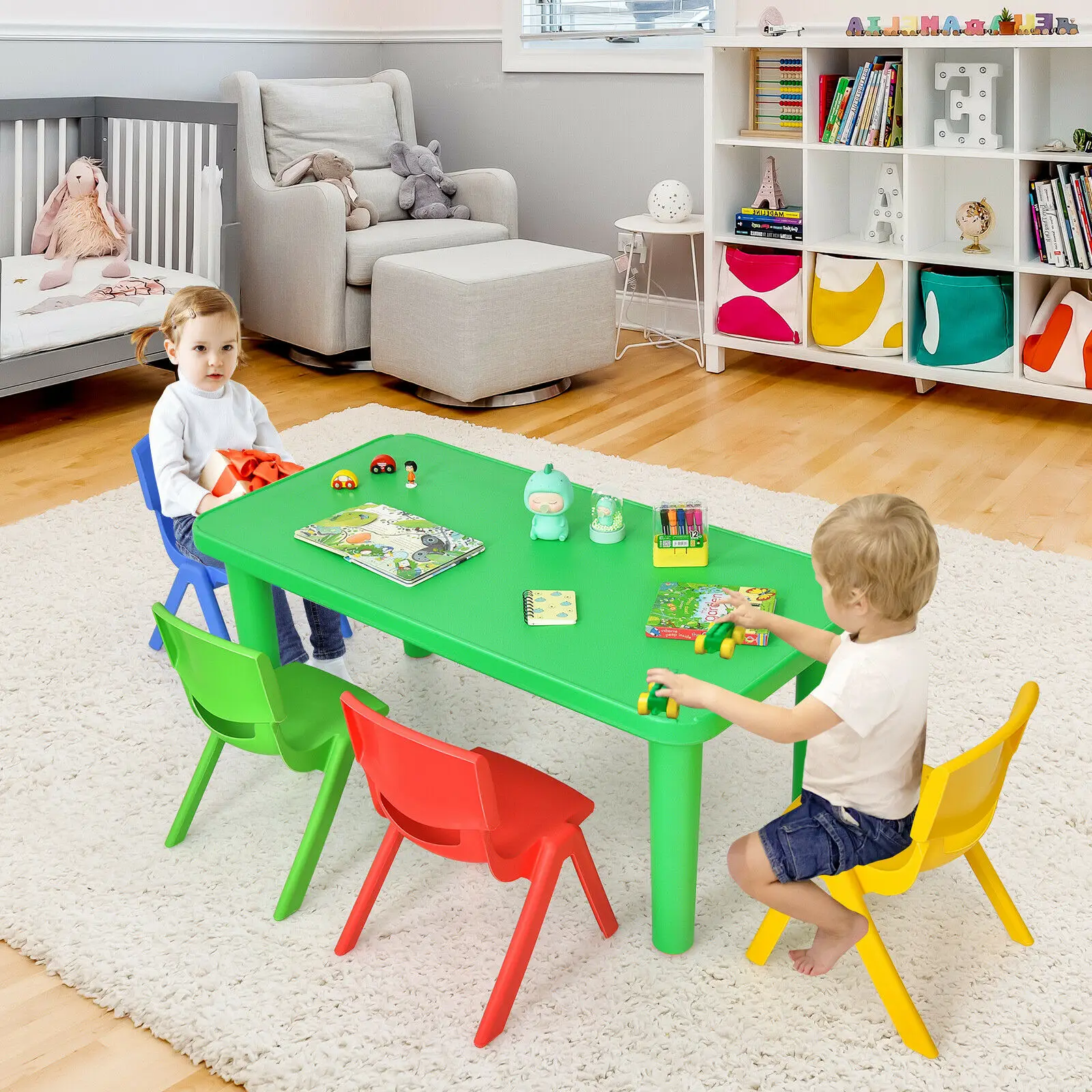 New Kids Plastic Table and 4 Chairs Set Colorful Play School Home Fun Furniture