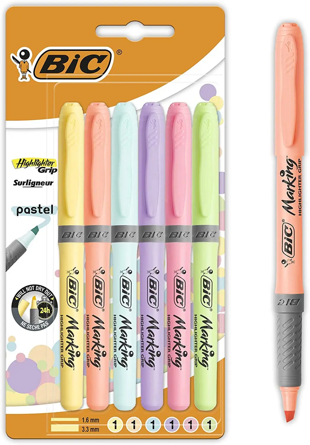 Grip Collection, Assorted 6 Pastel Colors , Chisel Type 1.6m