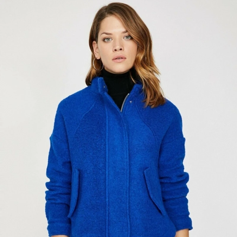 

Female Desire Sabancı High Collar Pocket Detail Coat Saks Blue 2021 2022 Half Sleeve Seasonal Fashion Winter Autumn