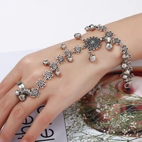 hollow flowers bells chain bracelet connected finger ring palm gold silver color vintage womens ring bracelet female jewelry