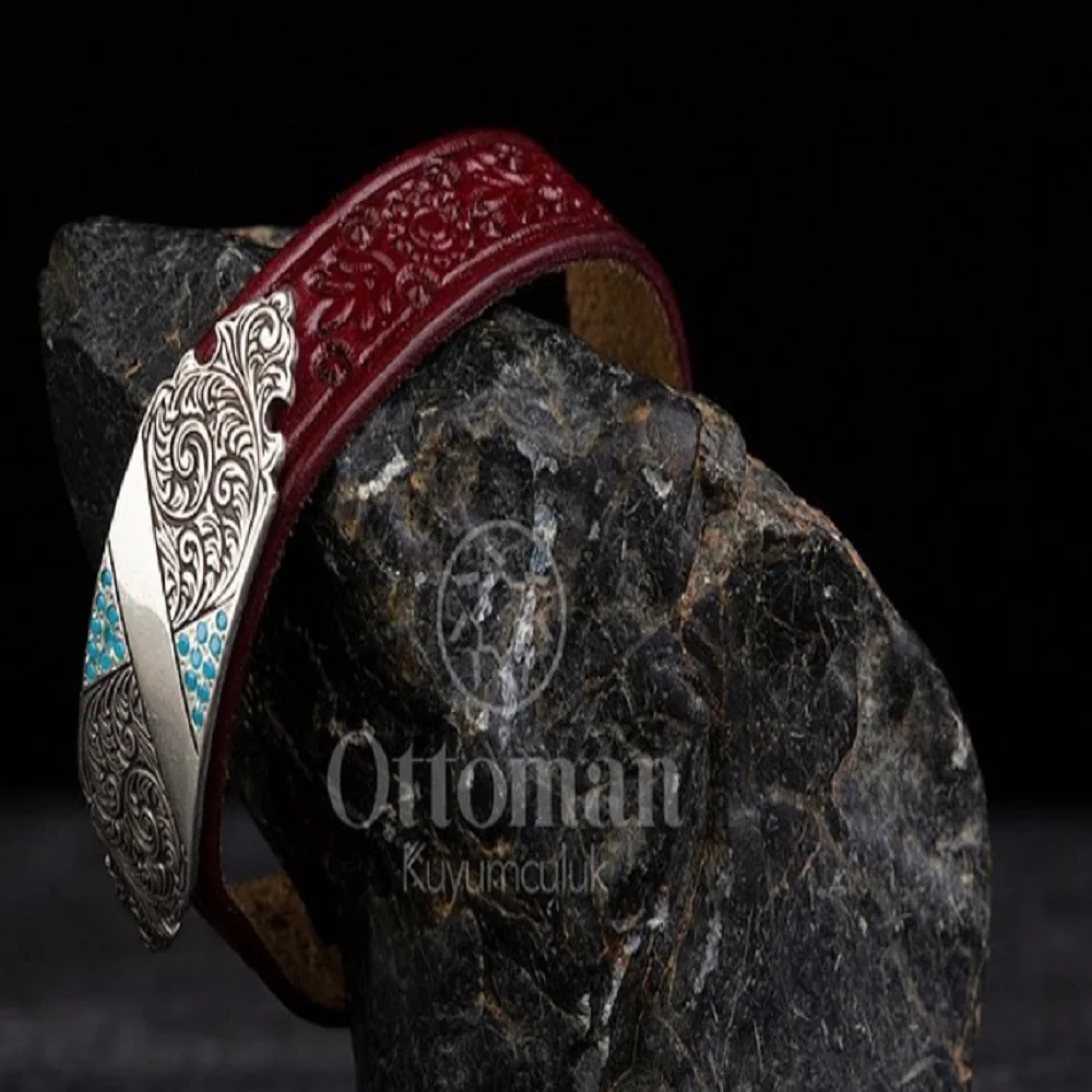 Leather Red Name Women's Bracelet Turquoise Stone Silver Bracelet Custom Name Wristband