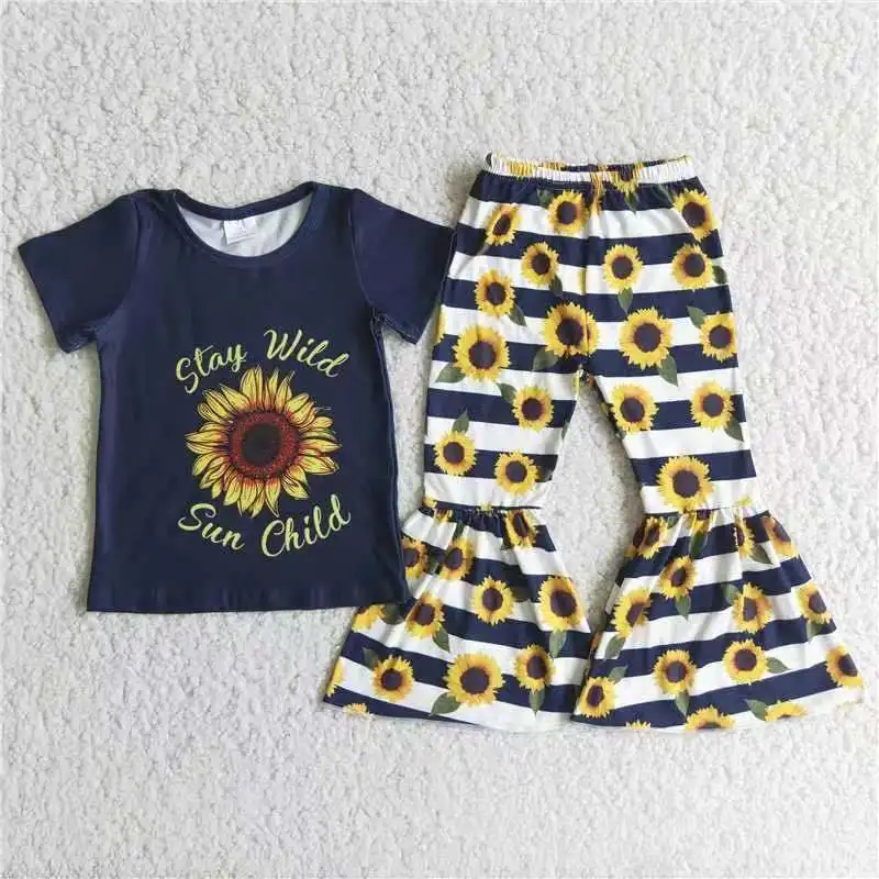 

2021 Summer Childrens Boutique Clothing sunflower Short-Sleeved Bell-Bottomed Trouser Suit Set Girls Kids Wear Outfits Clothes