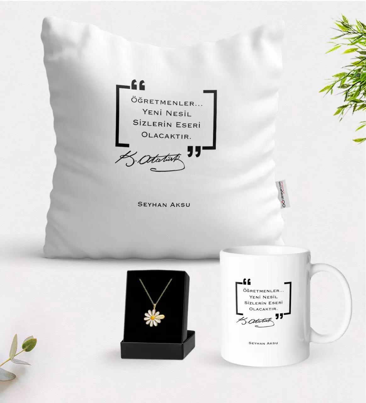 

Персонализированные Ататюрк учитель белая кружка Подушка и ожерелье Маргаритка подарок Seti-1