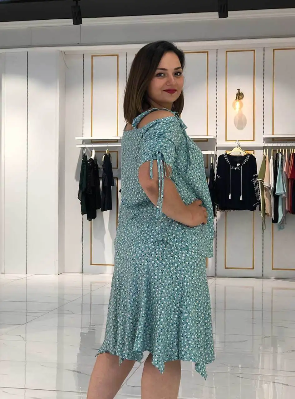 

Roxxlen Women Spring Summer Plus Size Mint Green Dress with Flower %100 Viscose Fabric