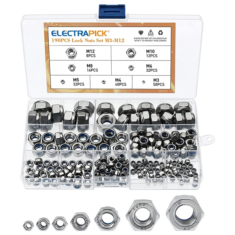 

Electrapick Lock Nuts 190 Pieces Hexagon Nuts Stainless Steel Nylon Self-Locking Nut M3 M4 M5 M6 M8 M10 M12