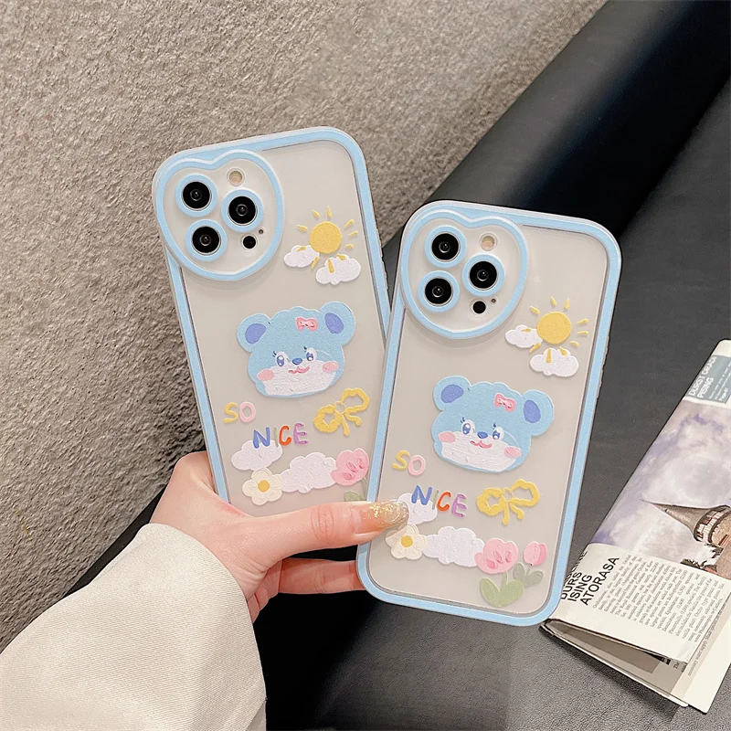 Cute Bear Flower Oil Painting Phone Case For iphone 13 12 11 Pro Max X XR XS Cover Fashion Cartoon Clear Soft Silicone Cases |