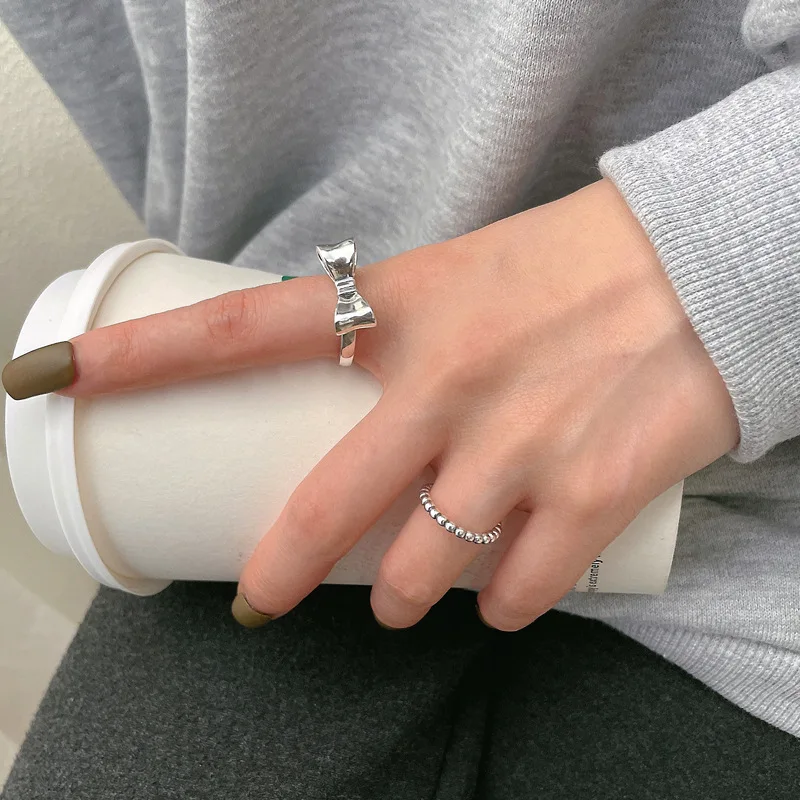 

Boho Bowknot Ring For Women Stainless Steel Silver Color Bead Chain Link Finger Ring Korean Fashion Wedding Jewelry Bijoux Femme