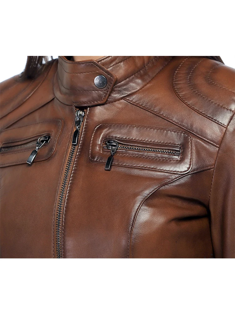 

Genuine Soft Leather Handmade Brown Woman Jacket Biker Style High Quality Lambskin Metal Zipper Autumn Gift For Valentine's Day