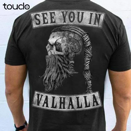 Viking череп видеть вас в Рагнар. Футболка Valhalla черная хлопковая S 3XL|Мужские