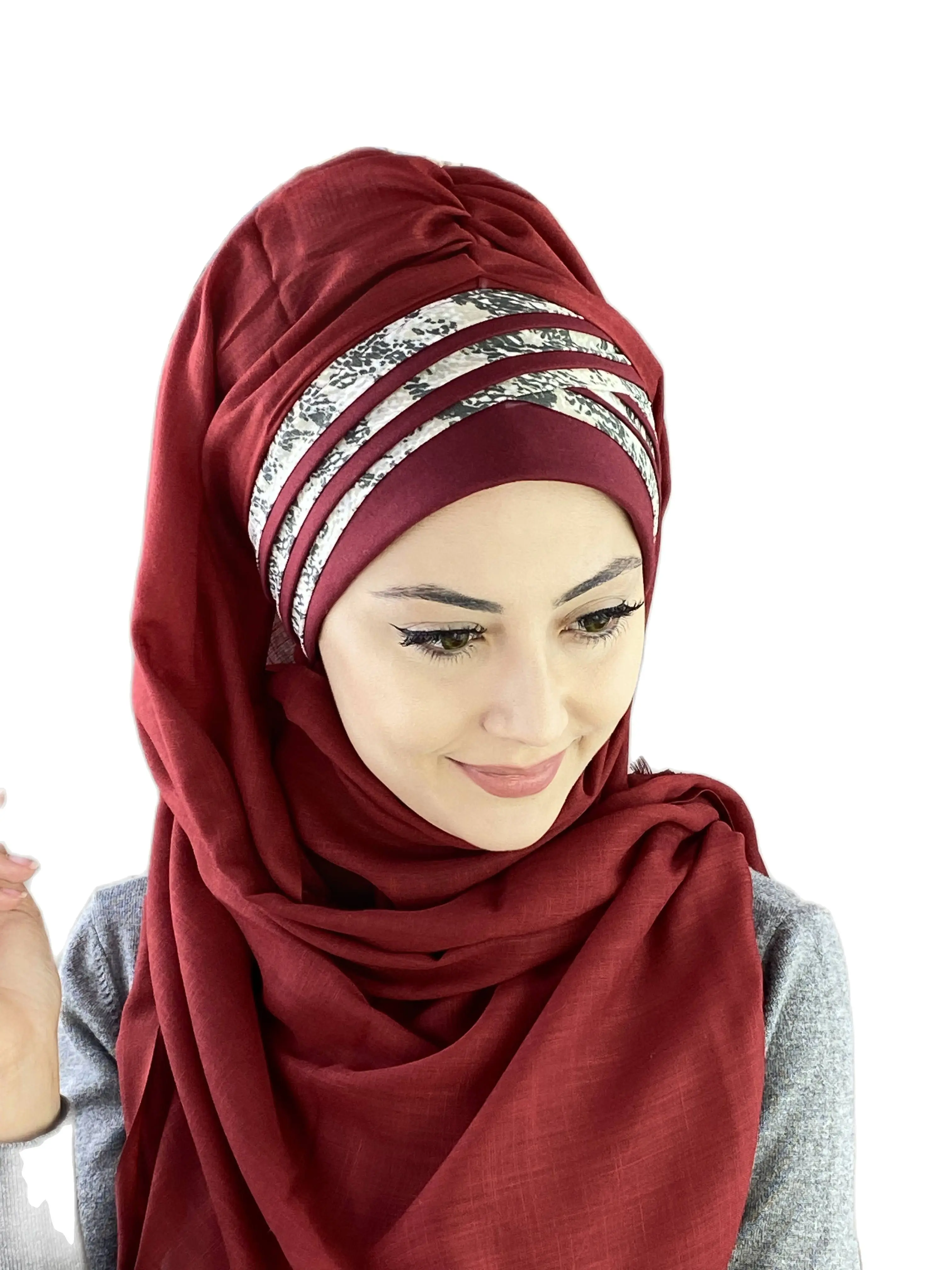 2022 New Fashion Hijab Islamic Women Winter Scarves Women's Products Hat Dark Claret Red Crocodile Pattern Cross Draped Shawl