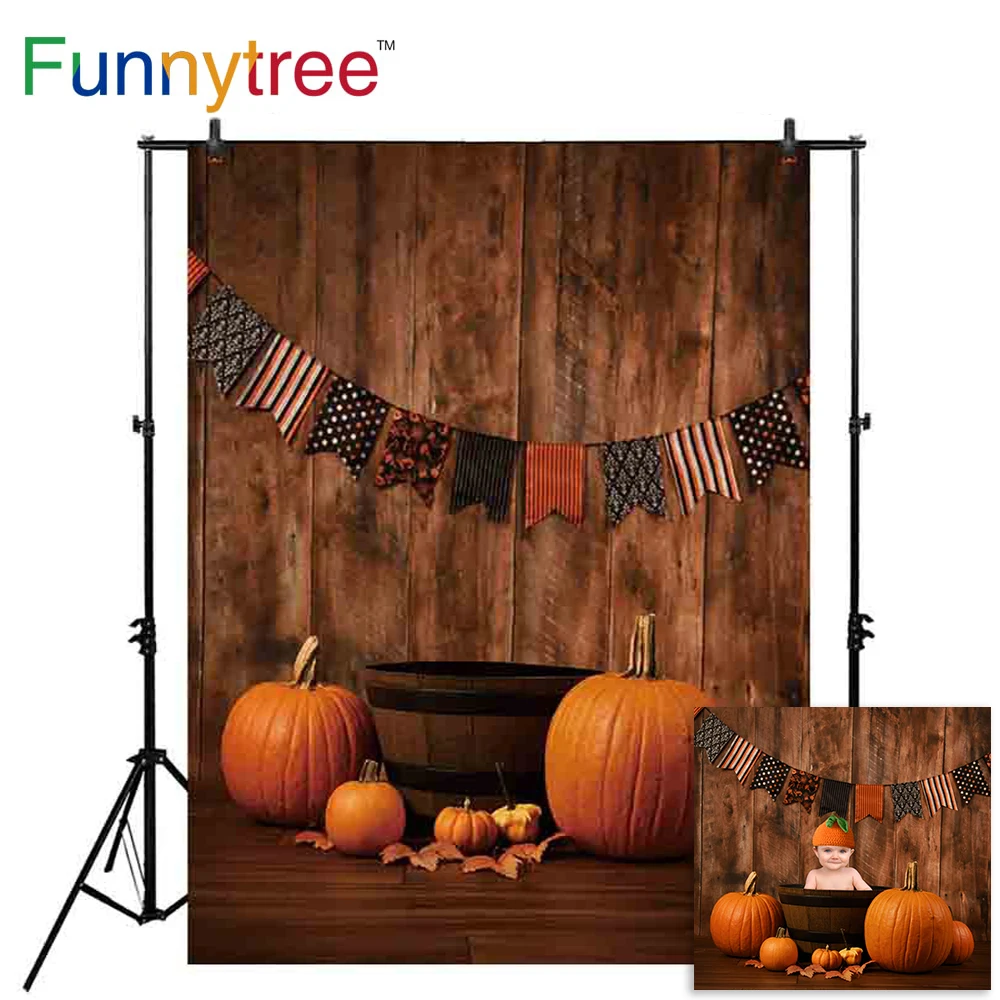 Funnytree backdrop for photo studio Halloween vintage wood wall pumpkin tub flag baby shower photography background photocall |