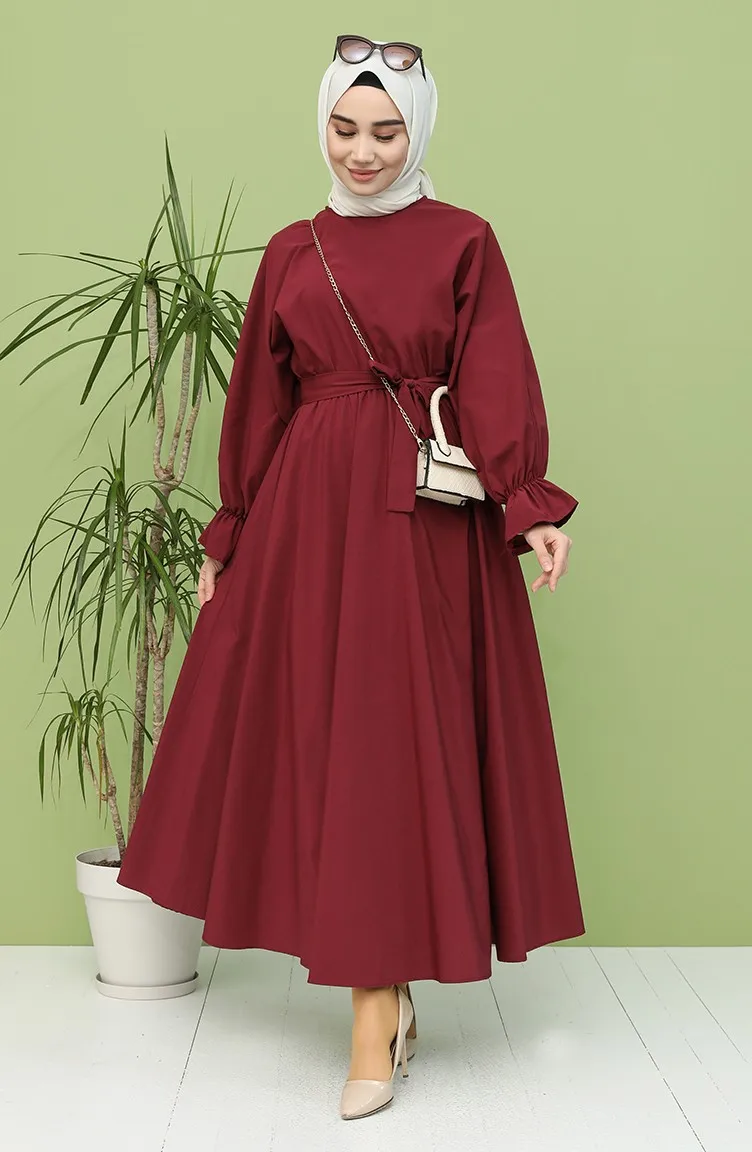 

Elastic Belted Dress muslim topcoat abaya fashion cotton dress