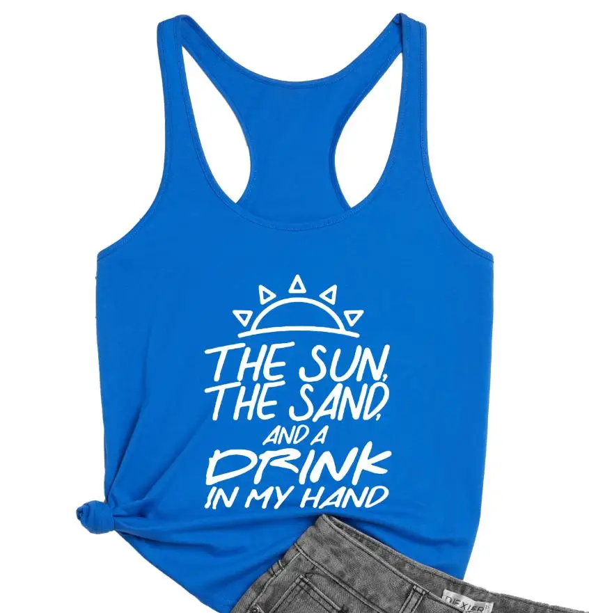 Женская майка с надписью the sun sand and a drink in my hand модная и сексуальная в пляжном стиле