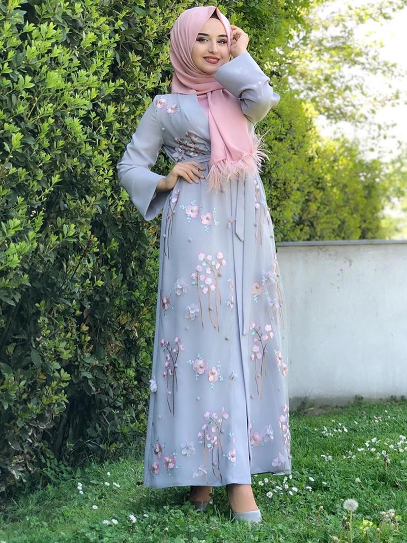 

Ramadan Embroidered Long Women 3D Floral Robe Blouse